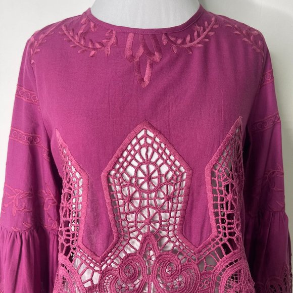 NWT Anthropologie by Chloe Oliver Women's Purple Bell-Sleeve Lace Blouse Size XS - Picture 4 of 12